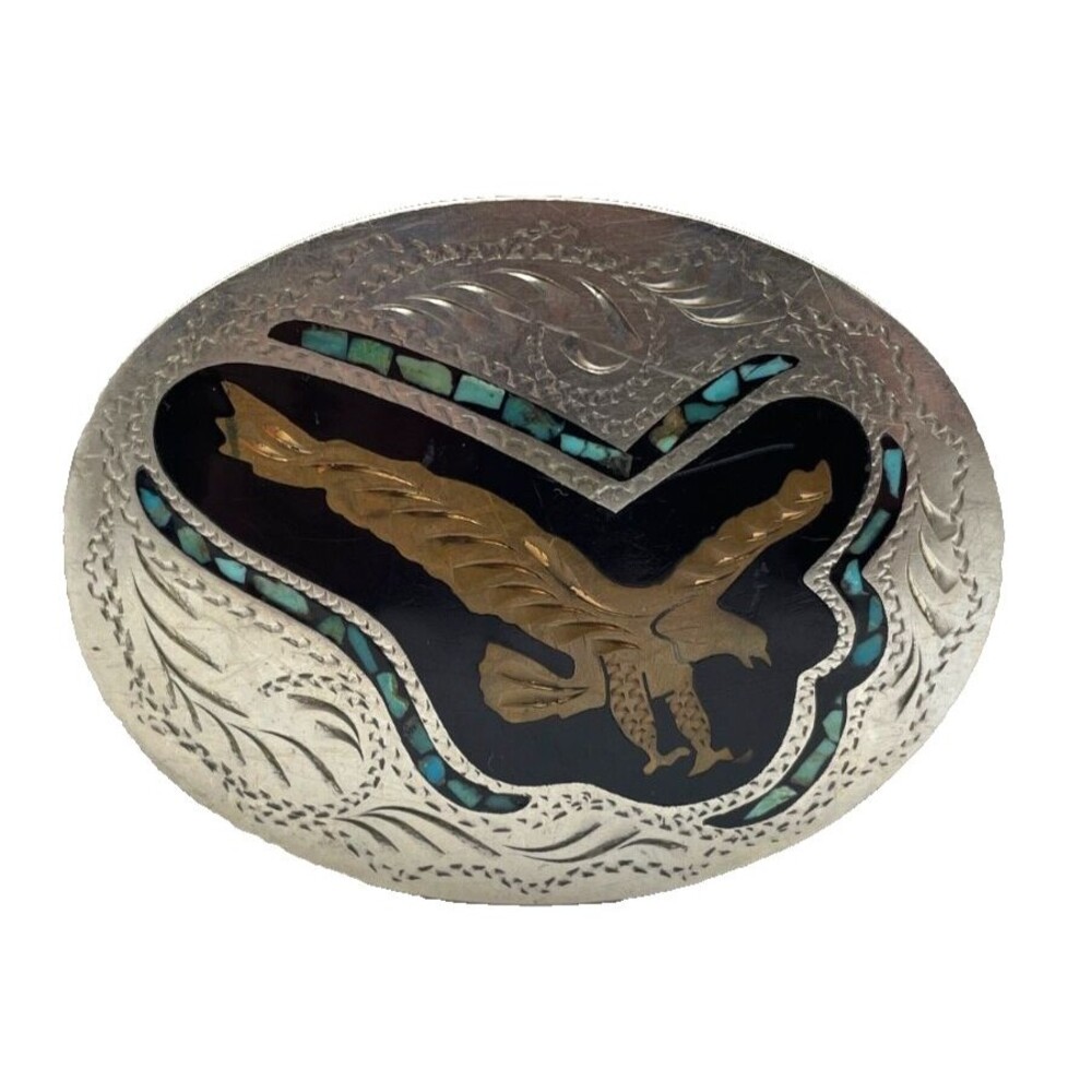 Trinity Buckle Co Soaring Eagle Western Belt Buckle Turquoise Inlay Silver Plate